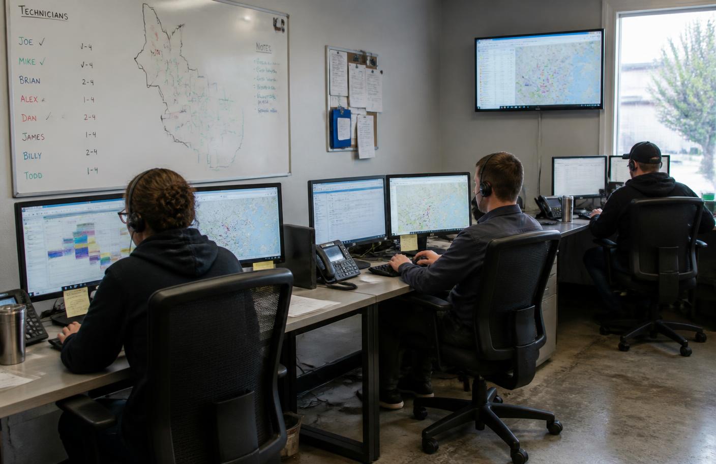 Dispatch team working at scheduling screens in a home service office