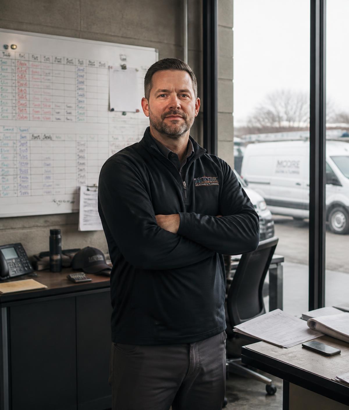 Founder of Trade Systems Group standing in a contractor office with a scheduling whiteboard and service vans visible outside