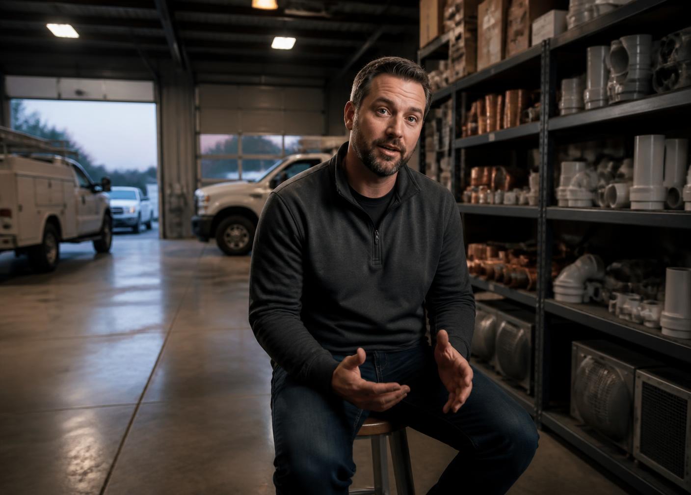 Founder of Trade Systems Group speaking to camera in a service company warehouse with trucks in the bay doors behind him